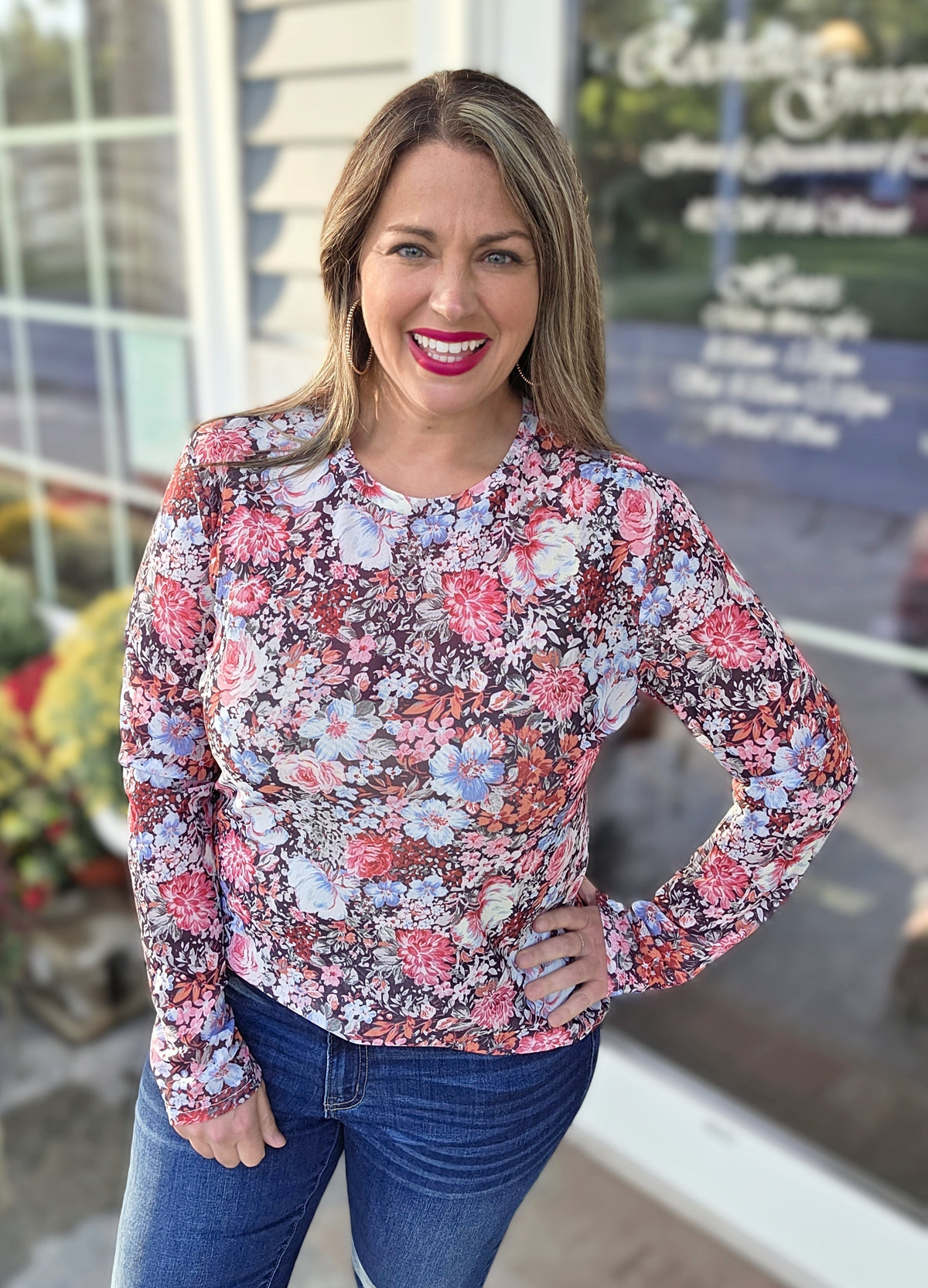 SHIRLEY AND STONE DARK FLORAL MESH TOP