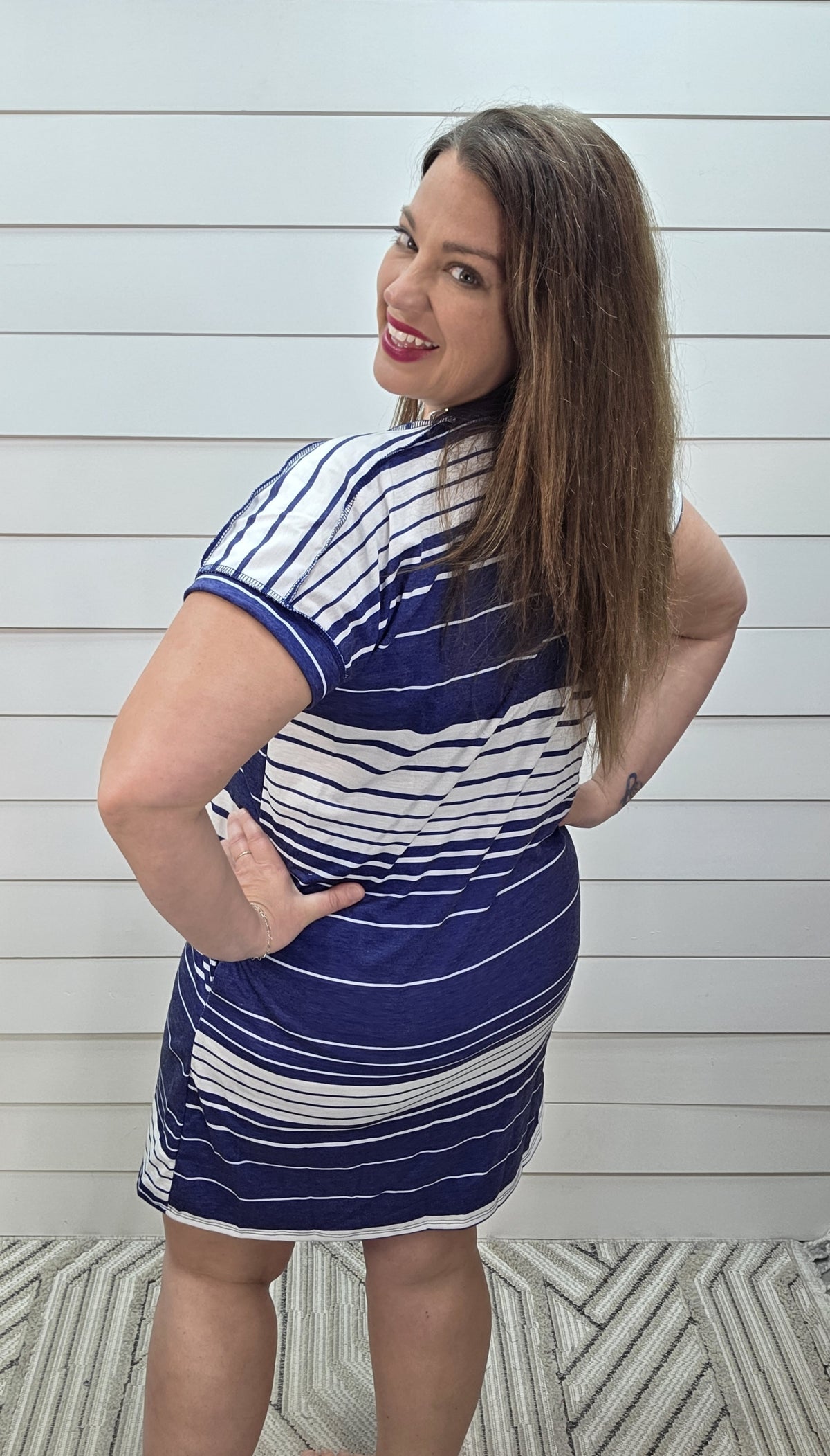 BLUE/WHTIE STRIPED FRENCH TERRY KNIT TSHIRT DRESS
