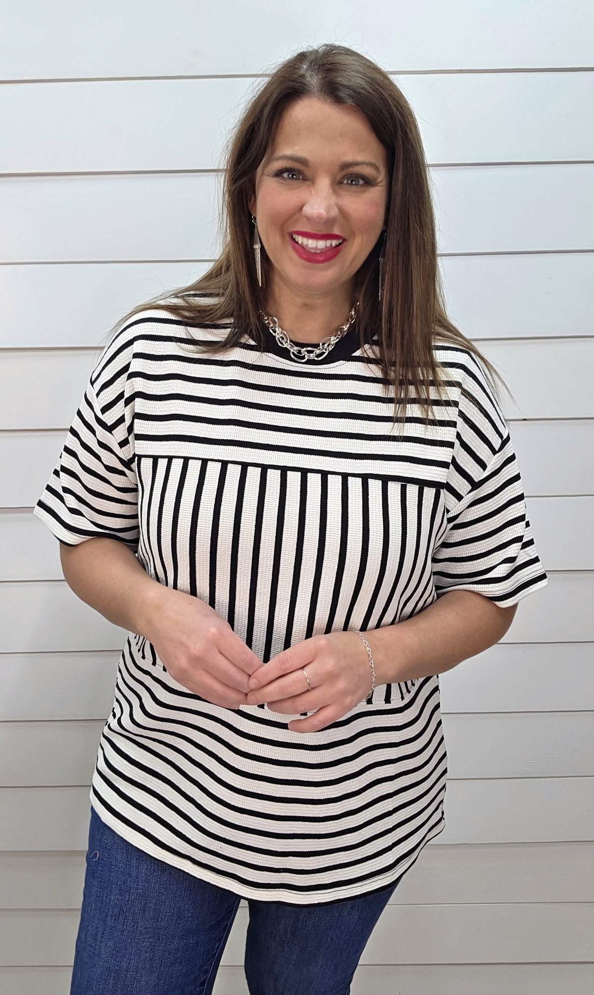 IVORY/BLACK STRIPED CONTRAST CLOUD KNIT TOP