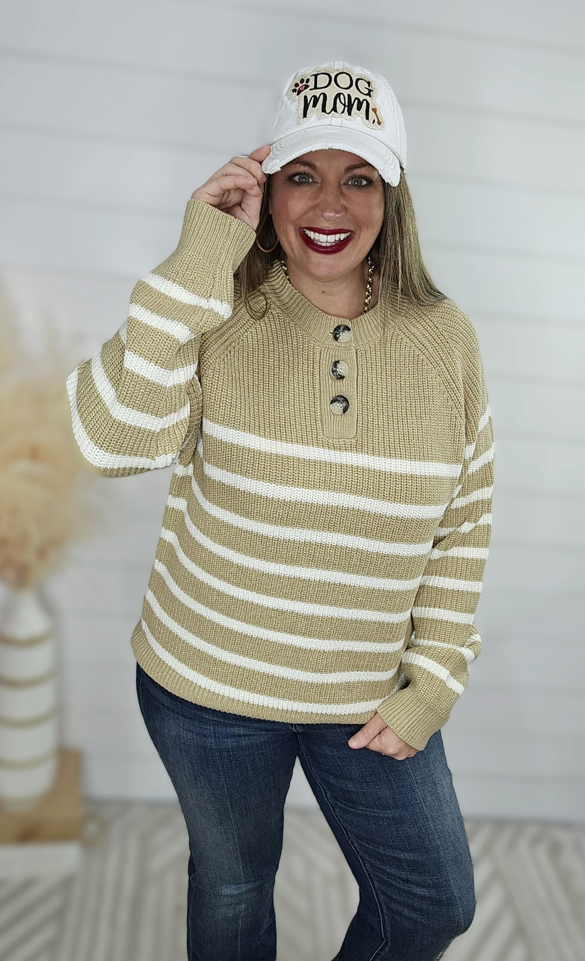 TAUPE STRIPED HENLEY SWEATER