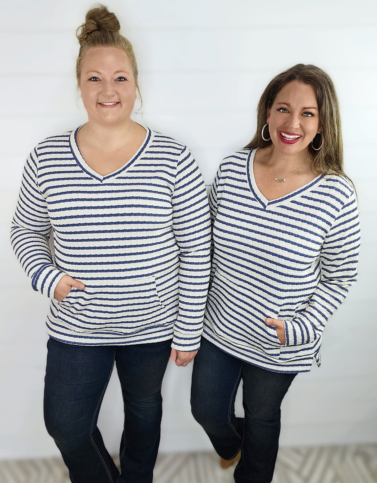 **BROOCH EXCLUSIVE** INDIGO STRIPED TEXTURED V NECK KANGAROO POCKET TOP