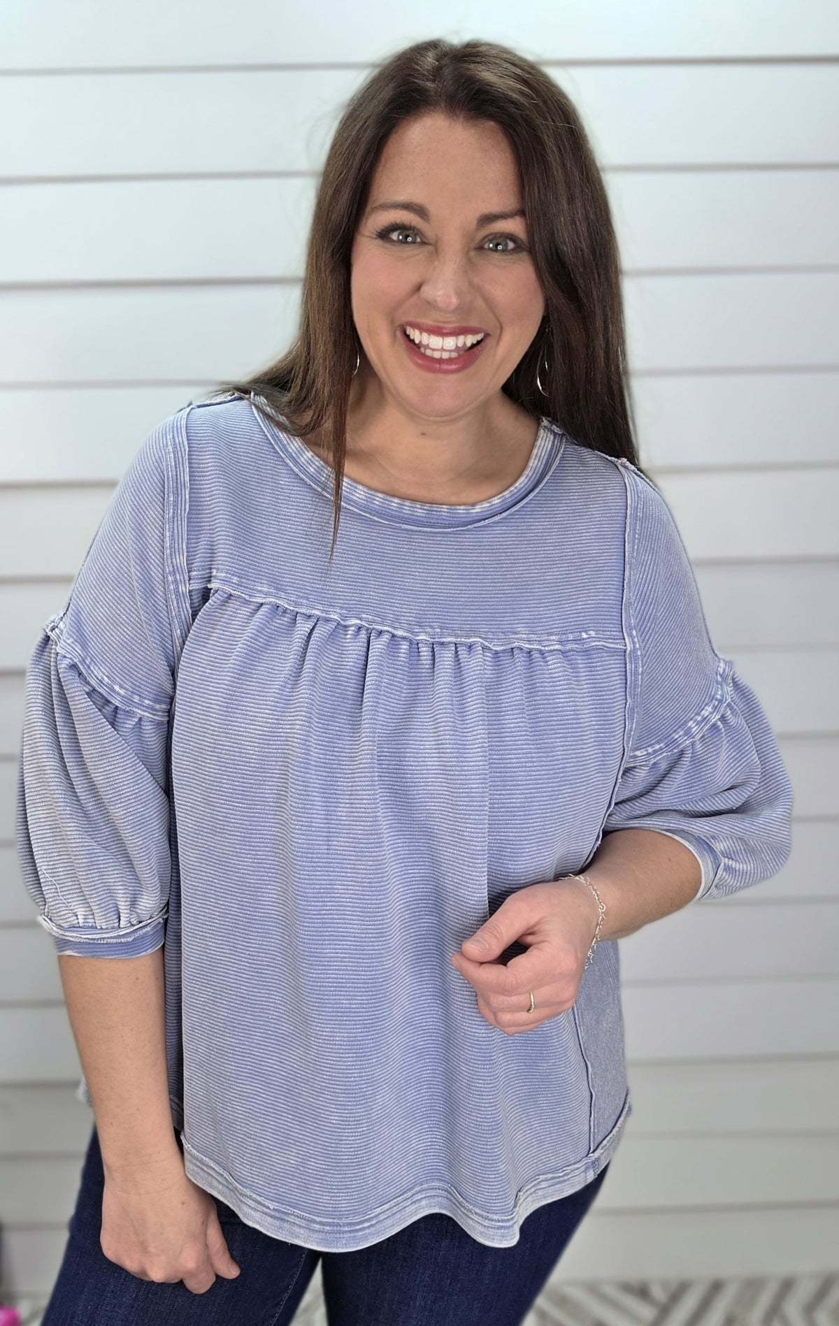 BLUE RIBBED KNIT OVERSIZED MINERAL WASH TOP