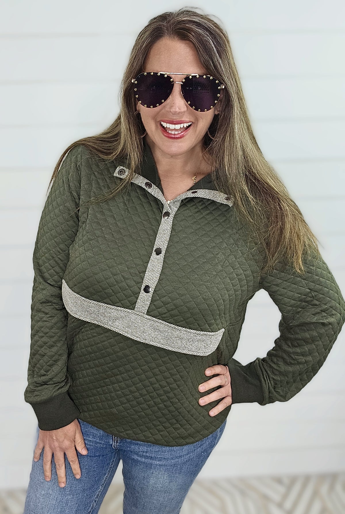 OLIVE QUILTED HALF SNAP PULLOVER