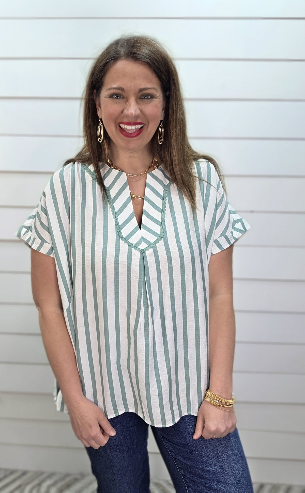 MINT STRIPED V NECK LOOSE FIT WOVEN TOP W/ LACE TRIM