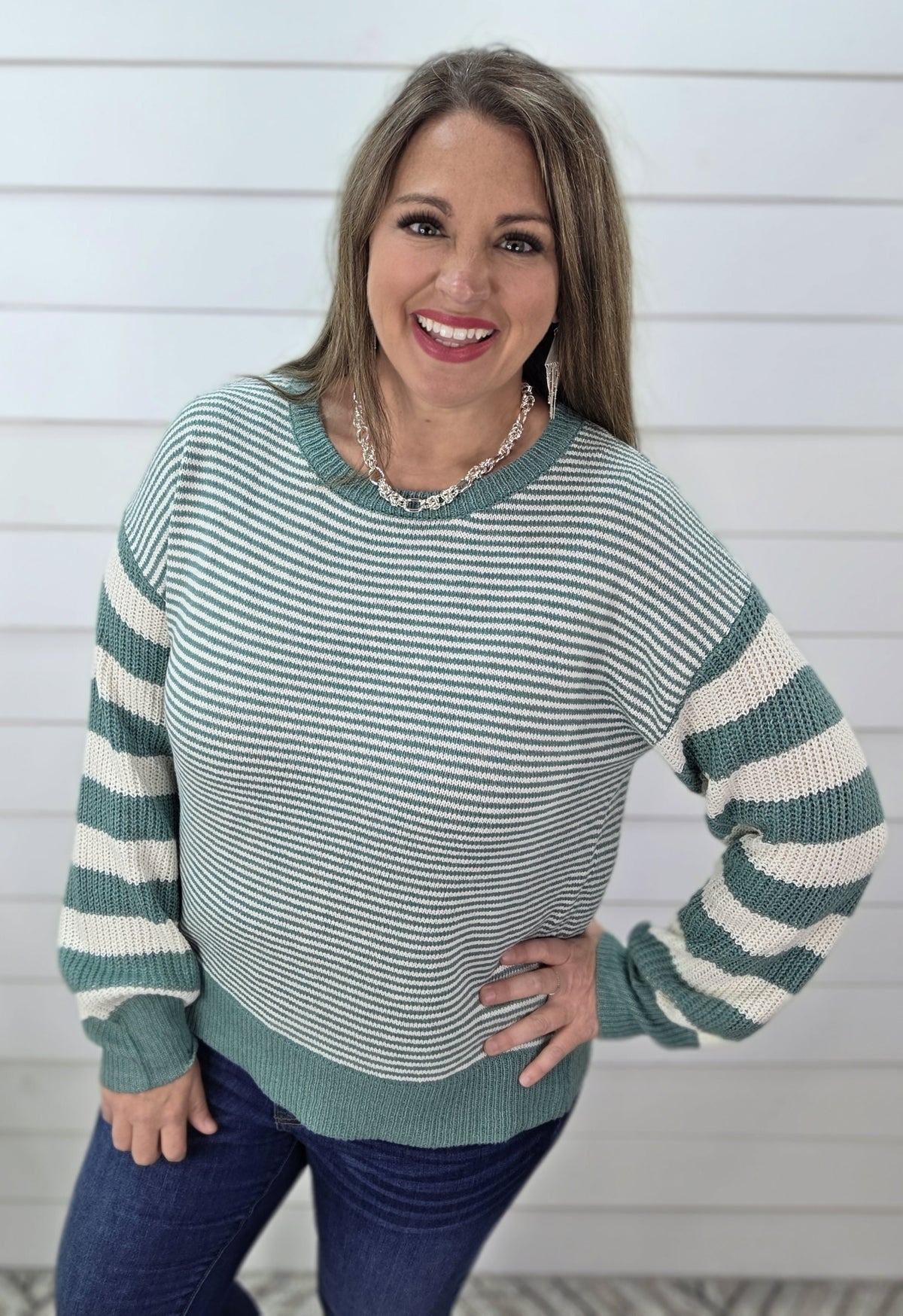 TEAL MIXED STRIPED PULLOVER SWEATERh