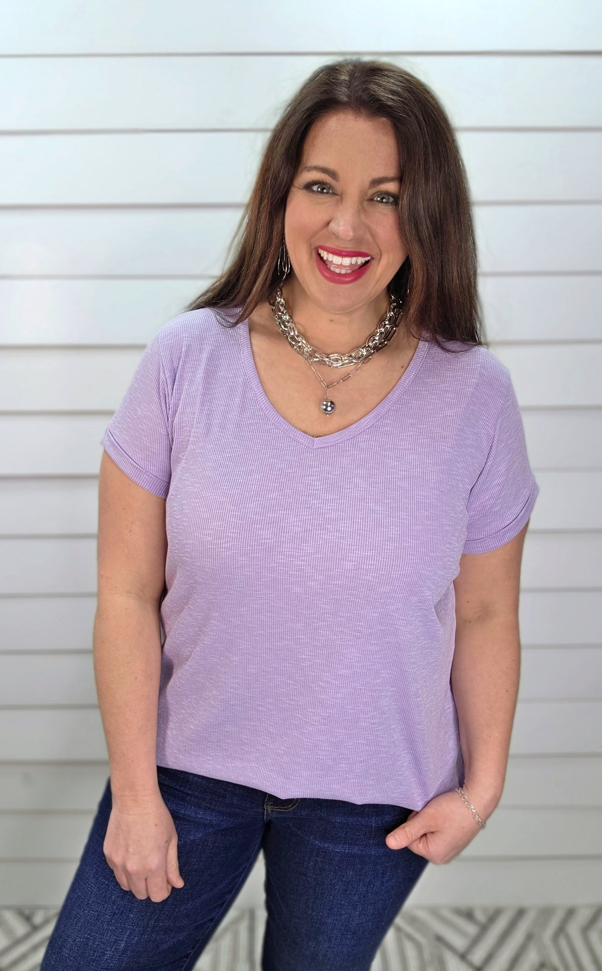 LAVENDER RIBBED V NECK KNIT TOP