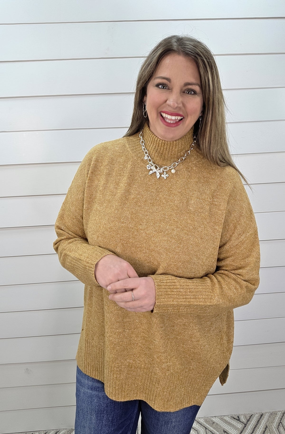 KAREN HART MUSTARD LOOSE FIT MOCK NECK TUNIC SWEATER