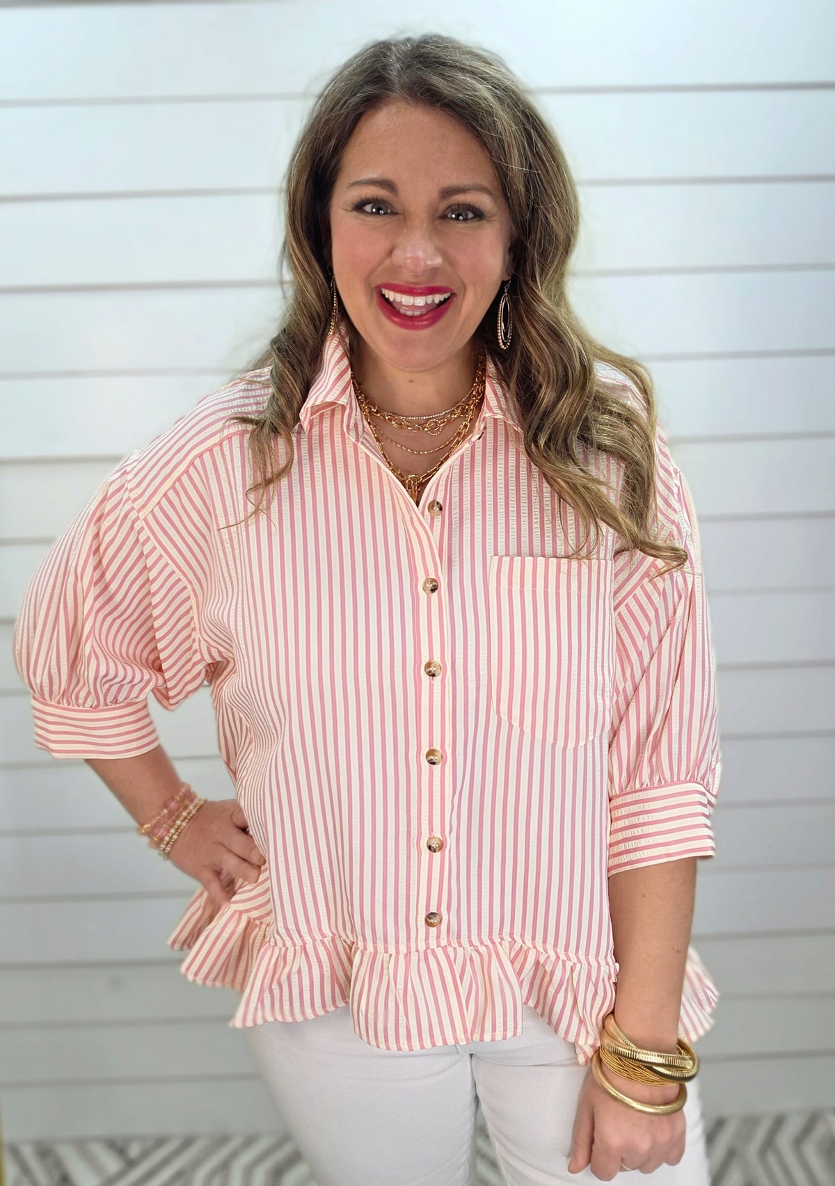 PINK STRIPED BUTTON DOWN RUFFLE TOP
