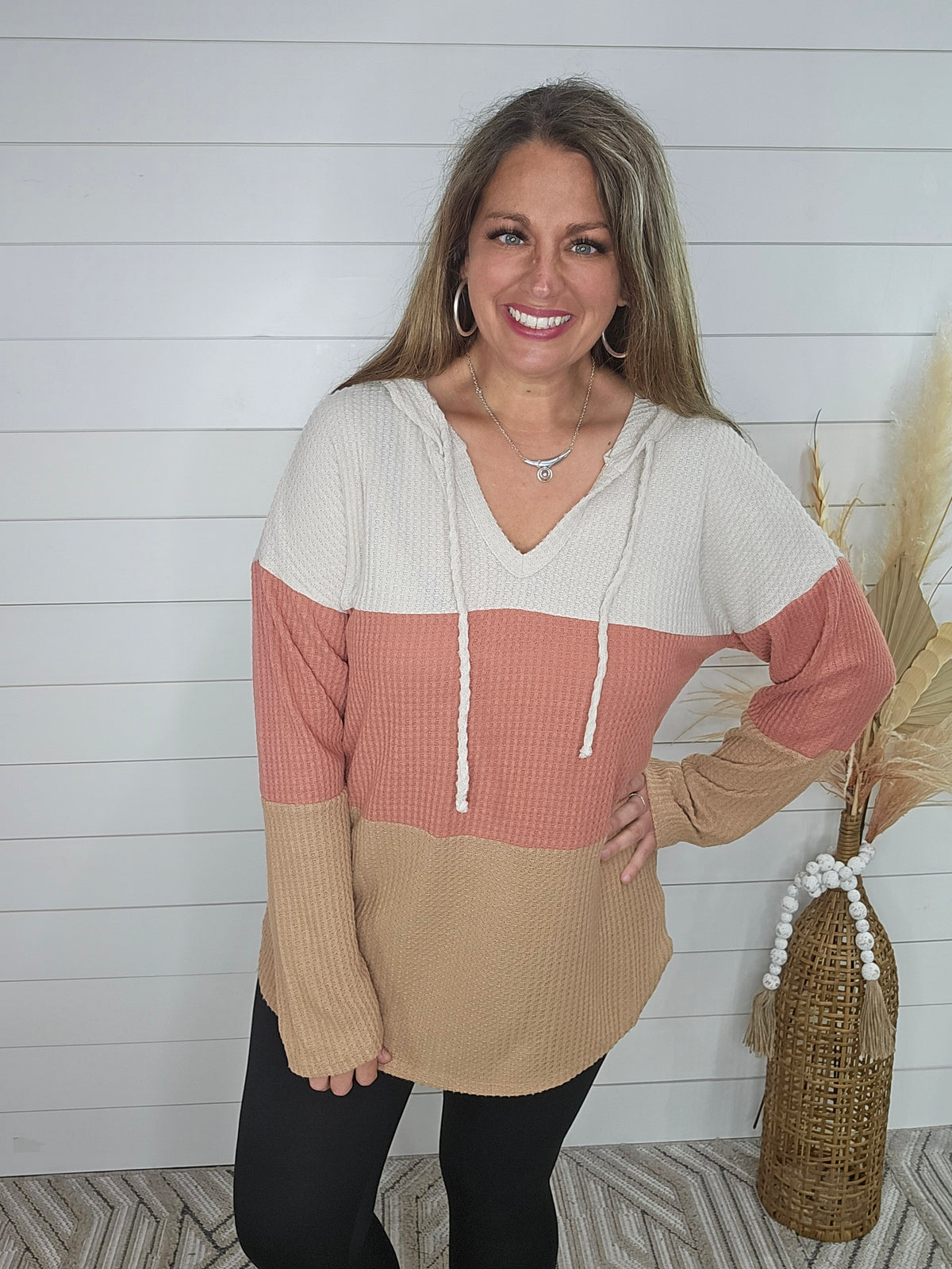 BRUSHED WAFFLE COLORBLOCK TUNIC - OATMEAL/CINAMMON