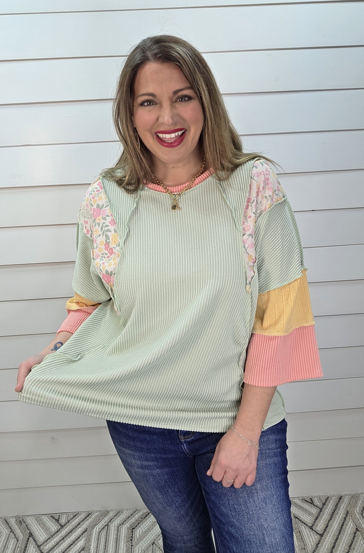 MINT/PINK/YELLOW RAISED RIBBED FLORAL CONTRAST KNIT LOOSE TOP