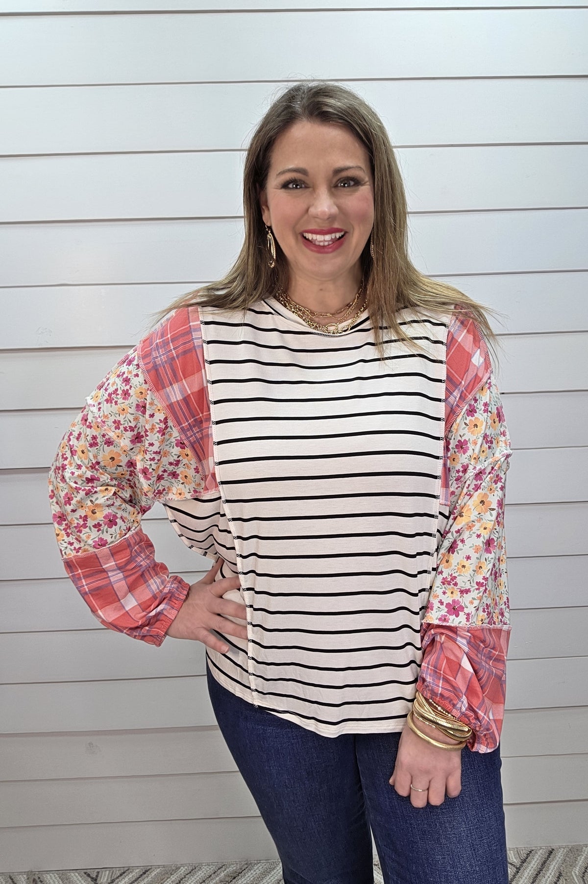 IVORY/BLACK STRIPED KNIT TOP W/ FLORAL AND PLAID CONTRASTING SLEEVES