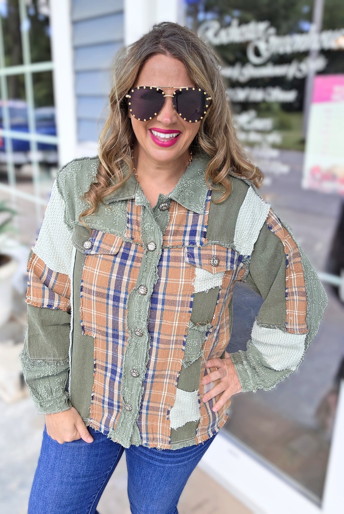 POL OLIVE/MUSTARD PLAID BUTTON UP JACKET