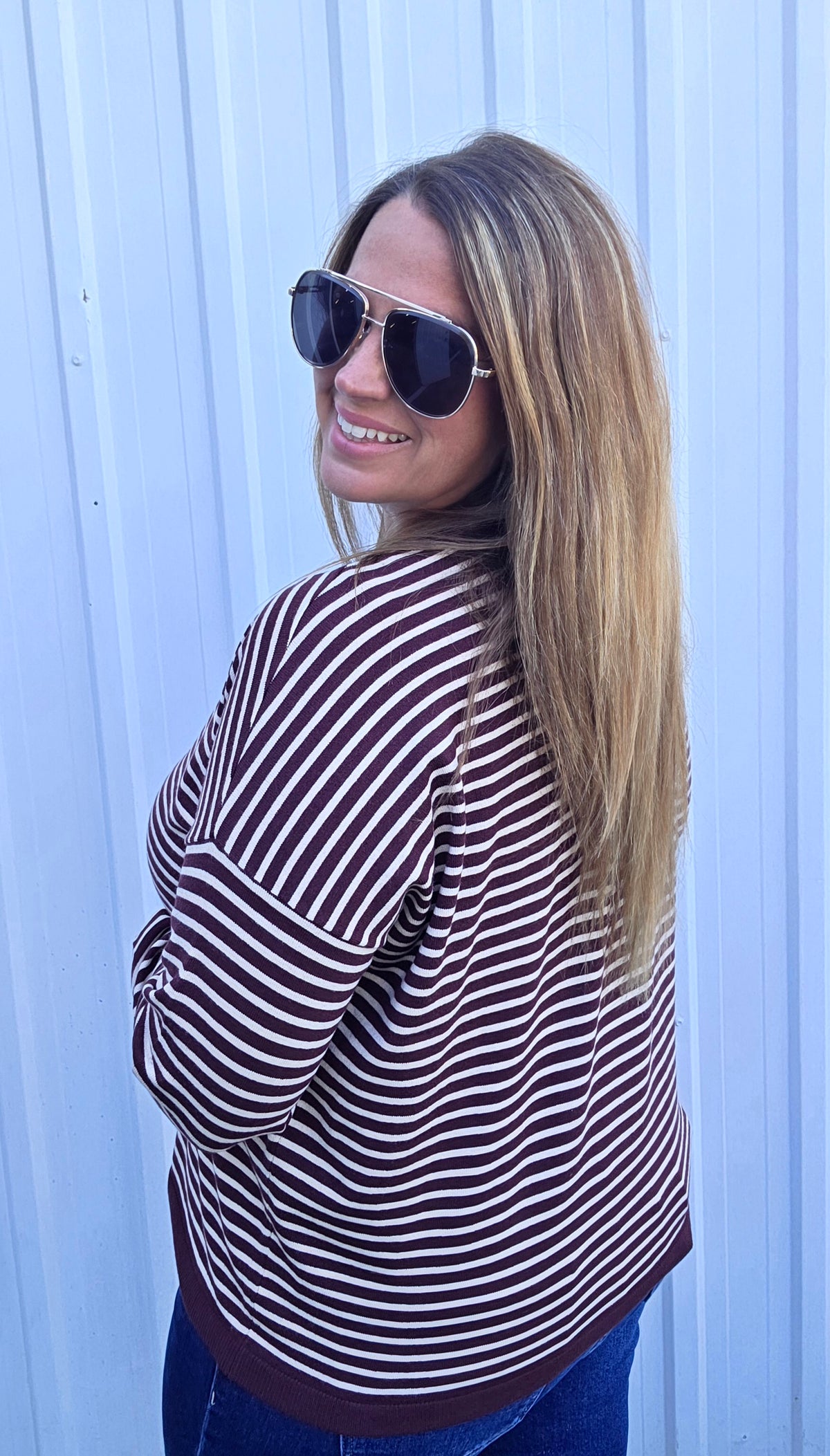 DARK PLUM Crew Neck Long Sleeve LIGHT WEIGHT Loose Fit Striped Pullover Sweater