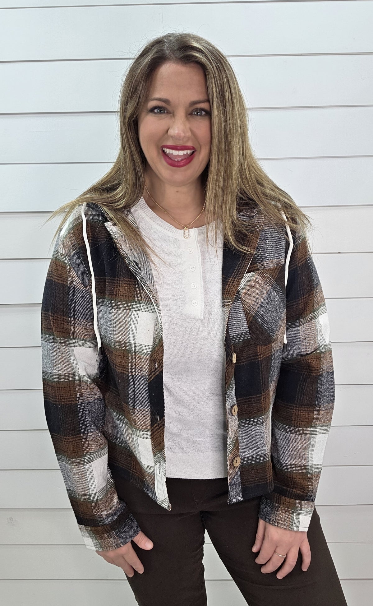 BLACK/BROWN HOODED PLAID HOODED TOP