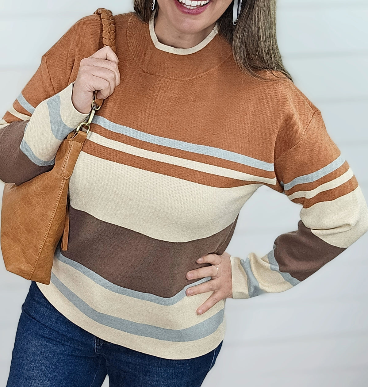 COPPER MULTI STRIPE CREW NECK PULLOVER SWEATER