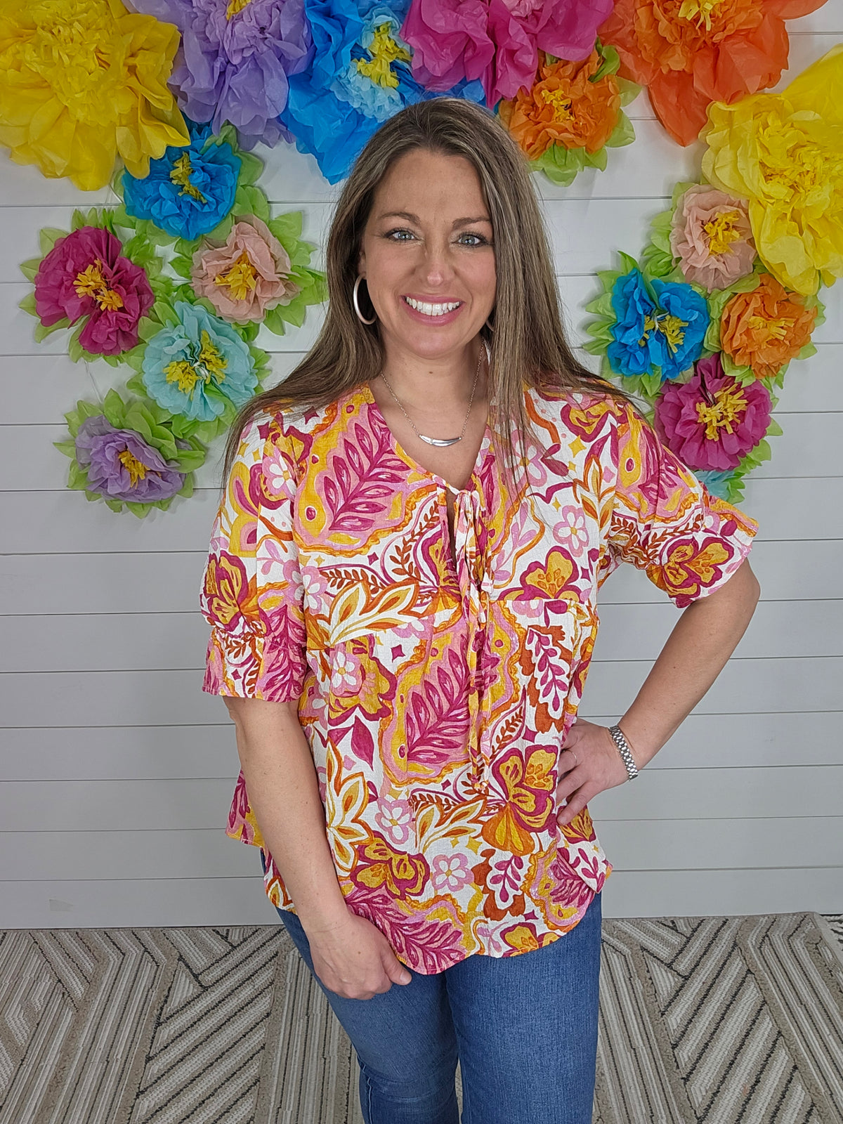 FUCHSIA WOVEN FLORAL PEASANT TIE TOP