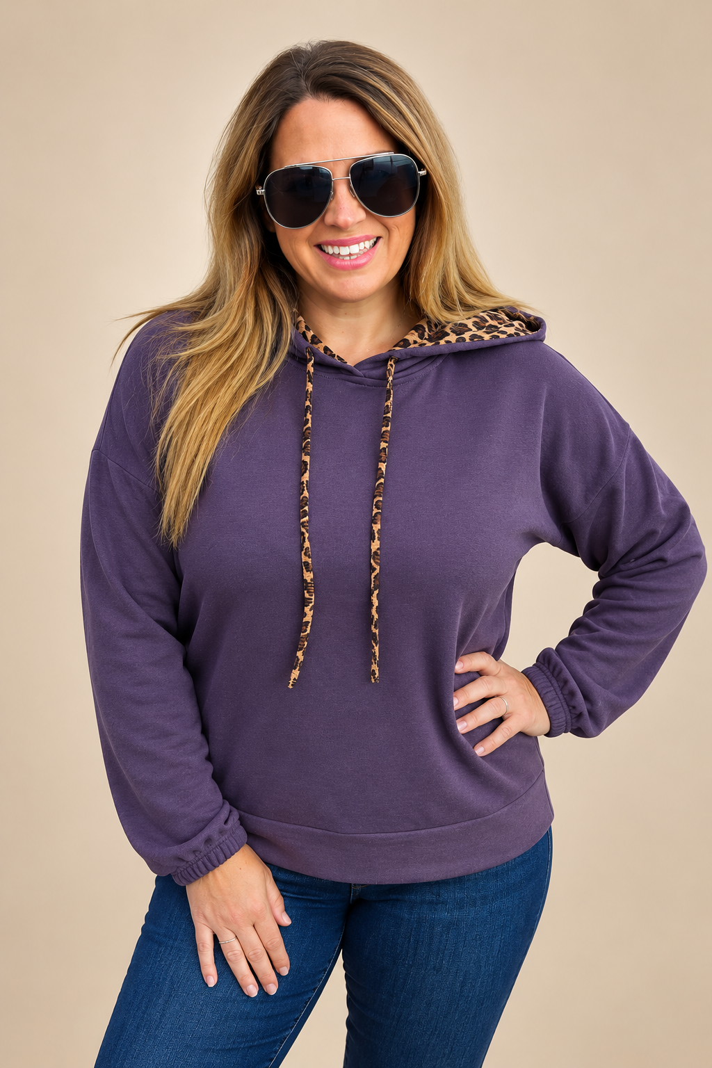PLUM/LOPARD Drawstring Hood, Drop Shoulder, French Terry Mix HOODIE