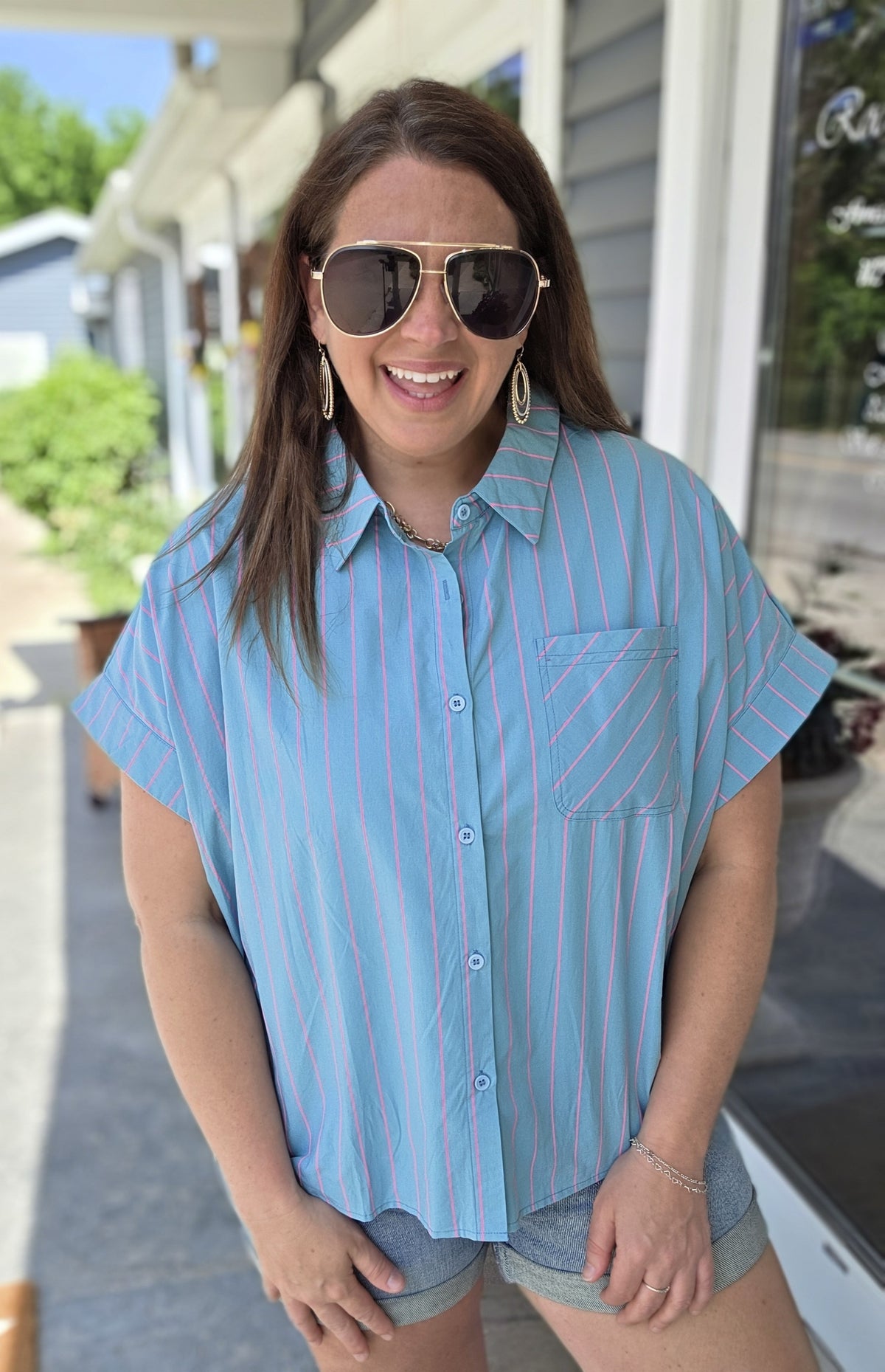 MINT/HOT PINK STRIPED BUTTON DOWN OVERSIZED TOP