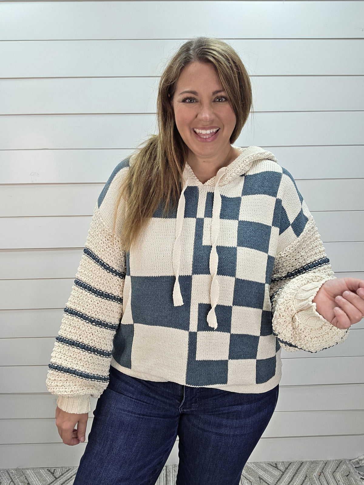 Ivory & OLIVER Checkered Contrast Oversized Hooded Sweater