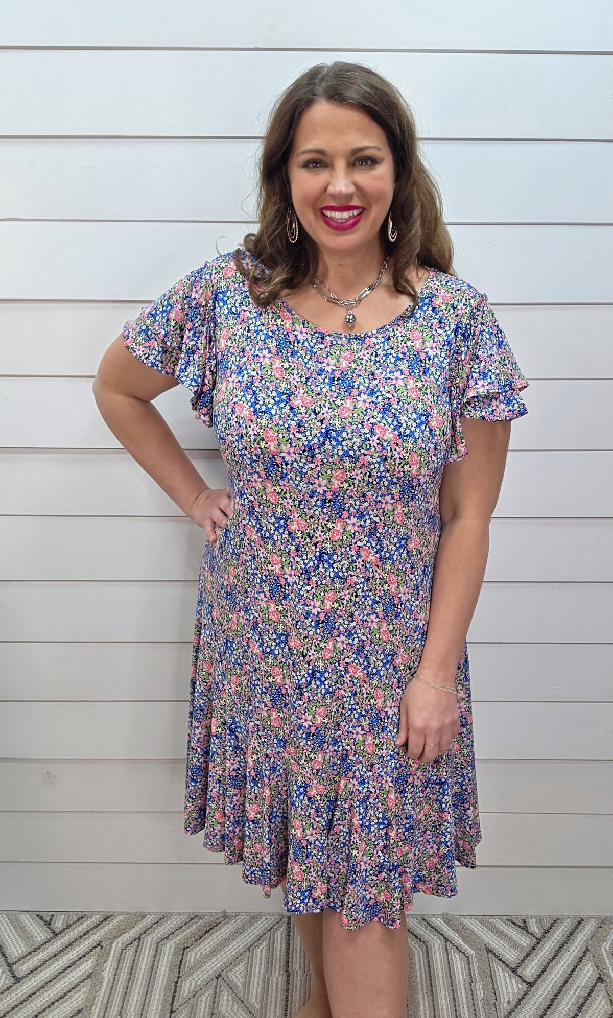 NAVY/PINK PETITE FLORAL DRESS W/ RUFFLE HEM