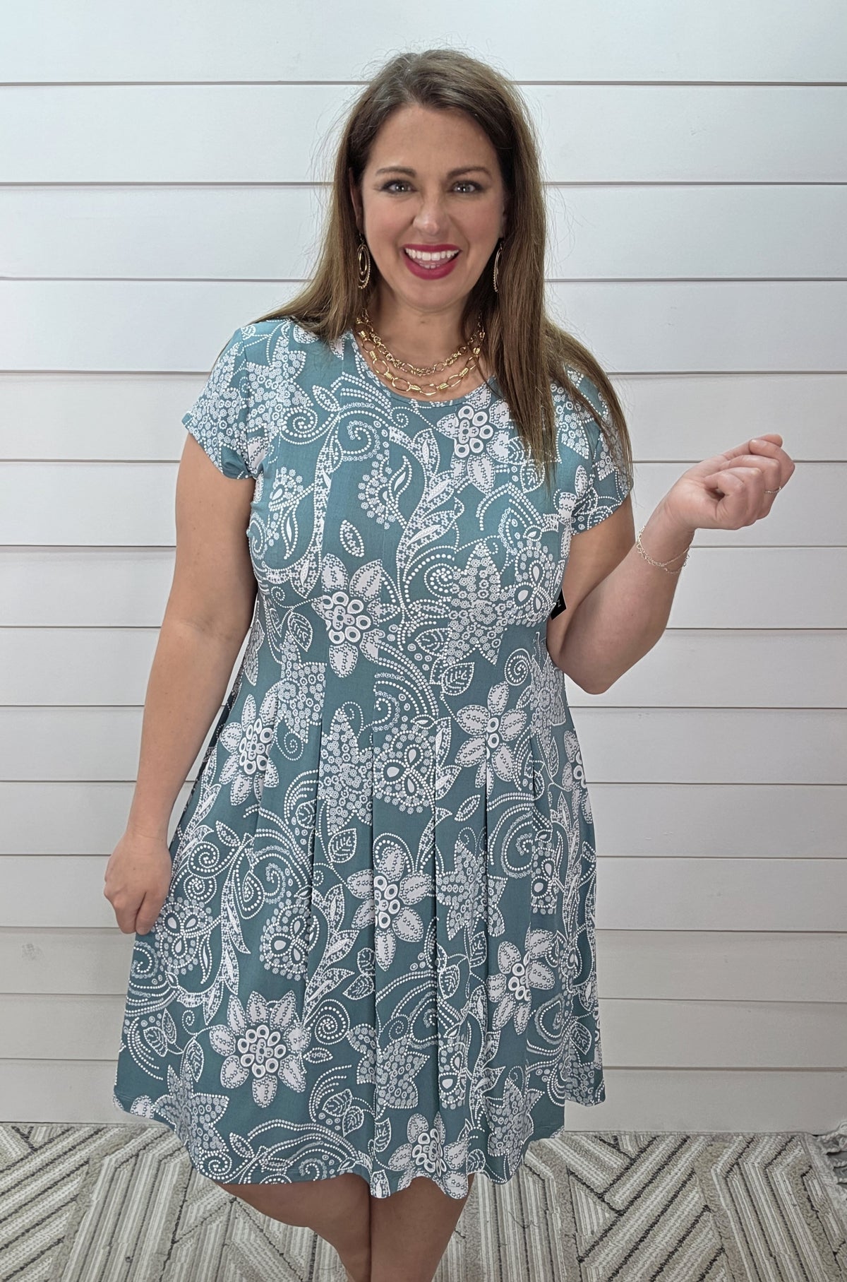 TEAL/WHITE TEXTURED FLORAL KNIT DRESS