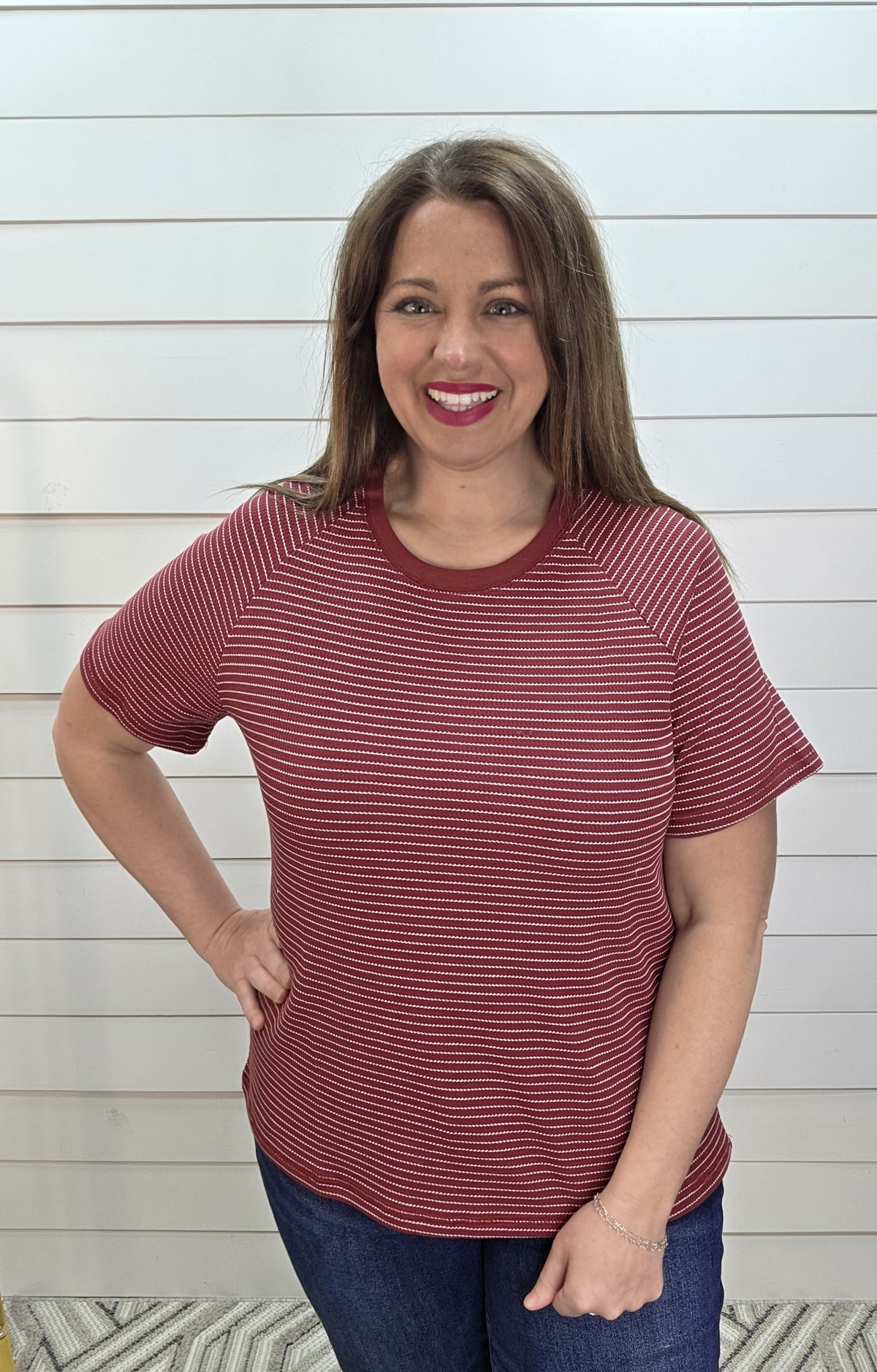 WINE STRIPED TEXTURED KNIT TOP