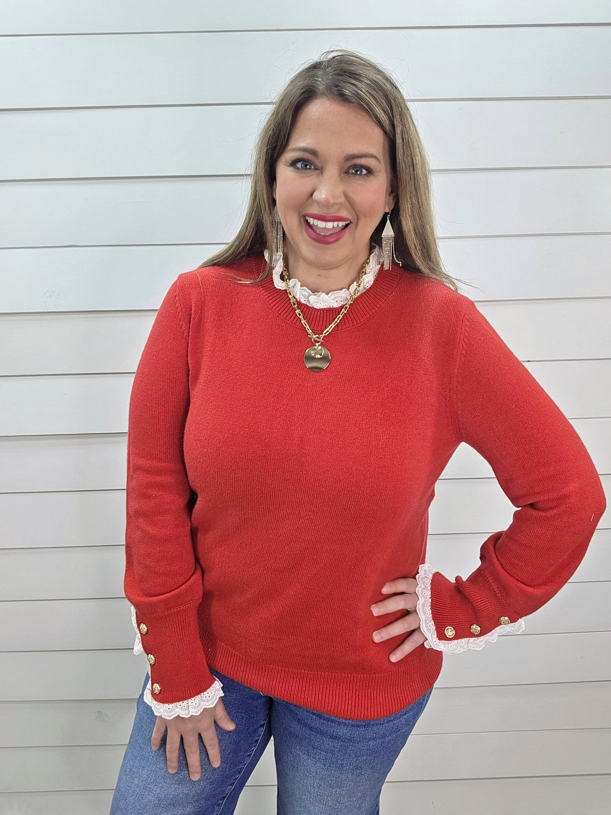 RED LACE TRIM SOFT PULLOVER SWEATER