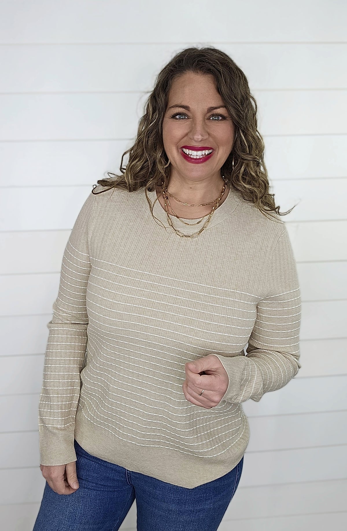 BEIGE TEXTURED STRIPED CREW NECK PULLOVER