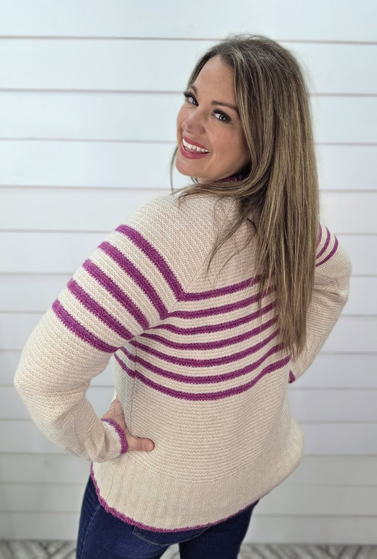 OATMEAL/MAGENTA STRIPED KNIT PULLOVER SWEATER