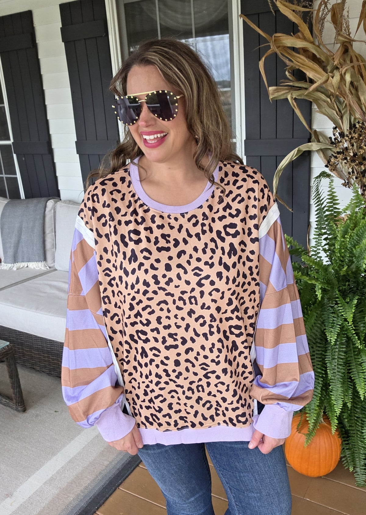 PURPLE STRIPED/ANIMAL OVERSIZED FRENCH TERRY TOP