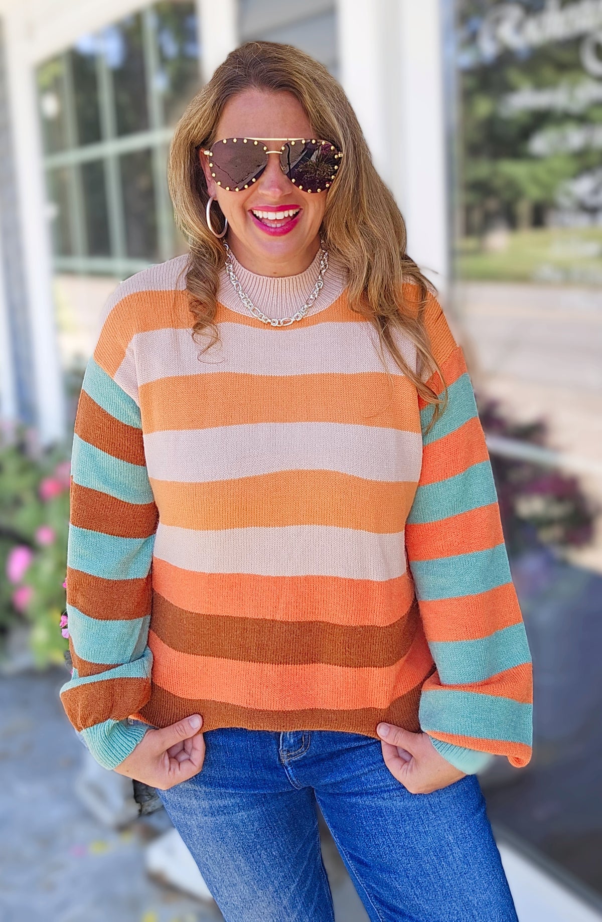 ORANGE/TEAL COLORBLOCK KNIT HIGH NECK SWEATER