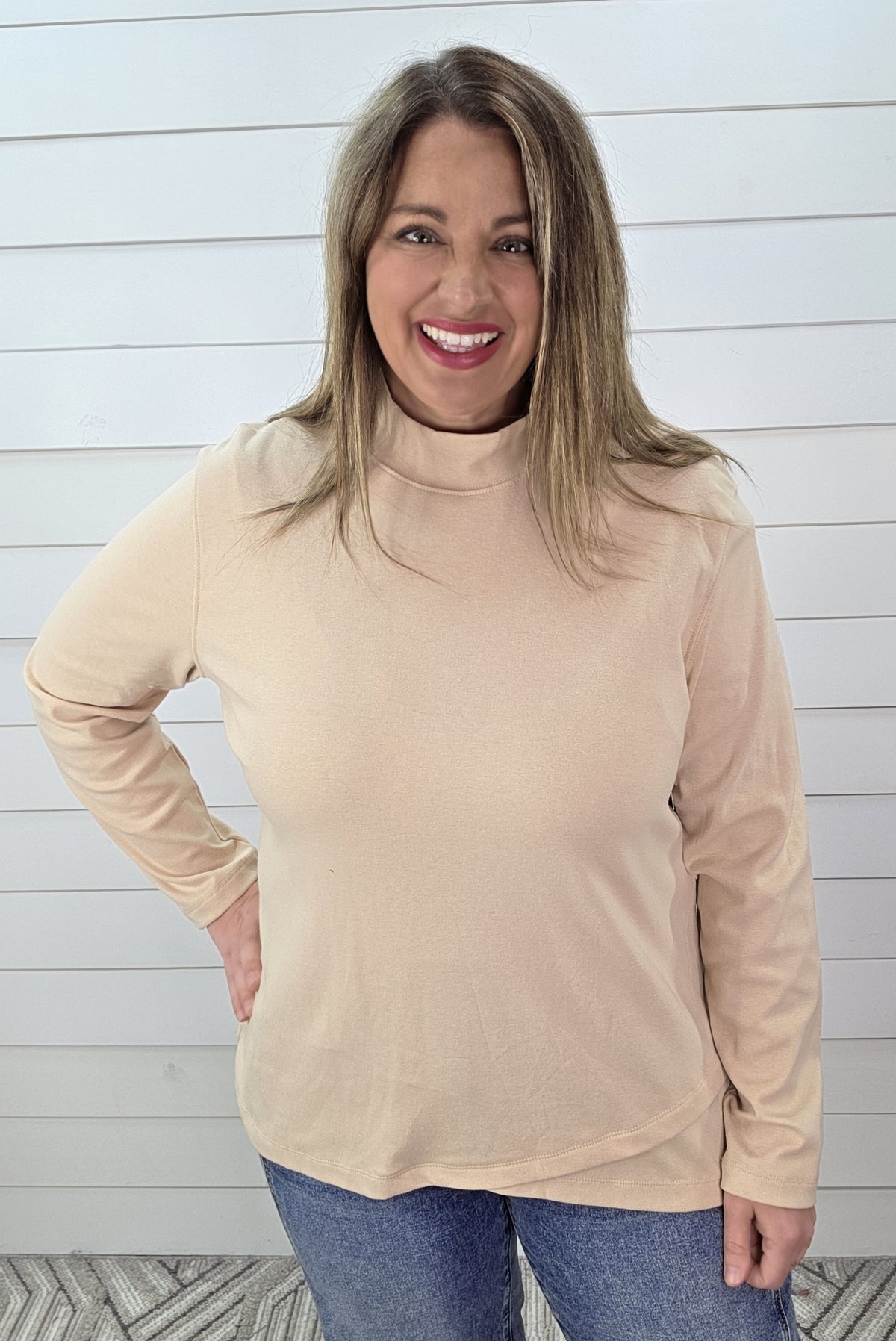 MOCHA MOCK NECK LAYERED HEM KNIT TOP