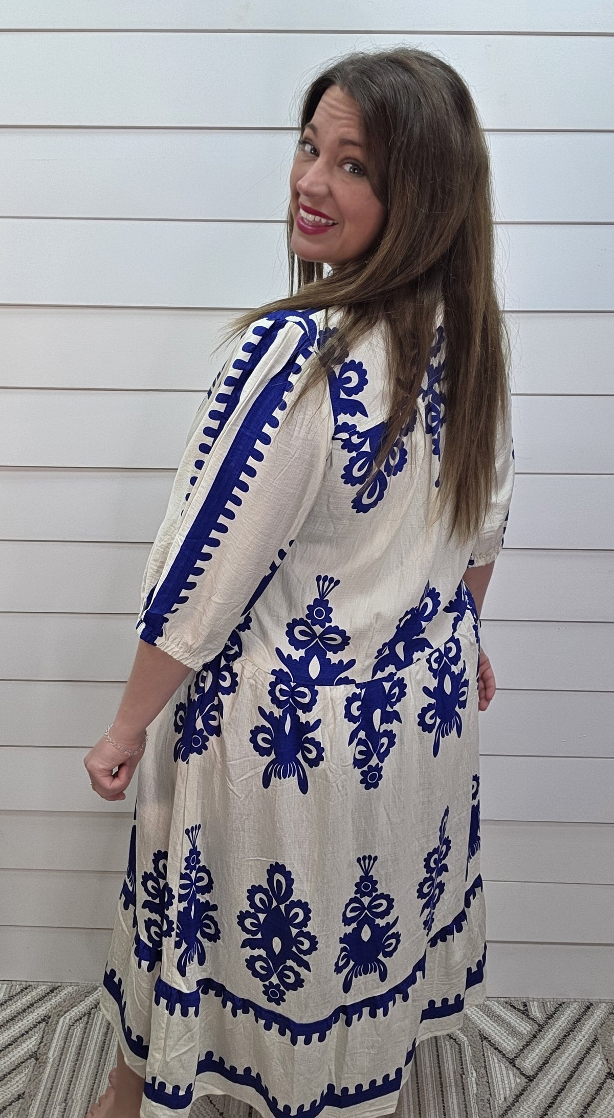 CREAM/BLUE ABRACT PRINT LONG DRESS
