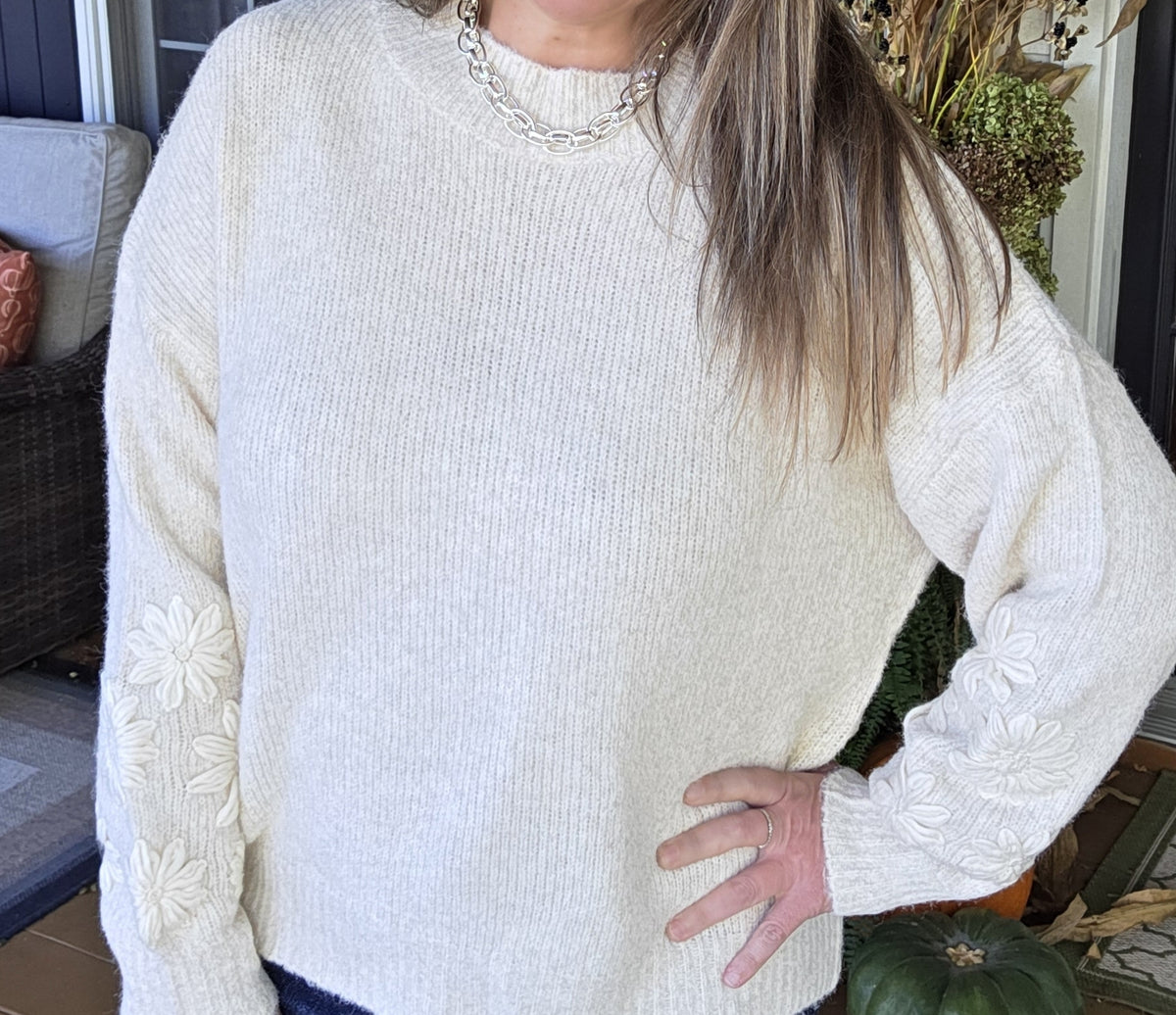 CREAM EMBROIDER FLORAL KNIT SWEATER