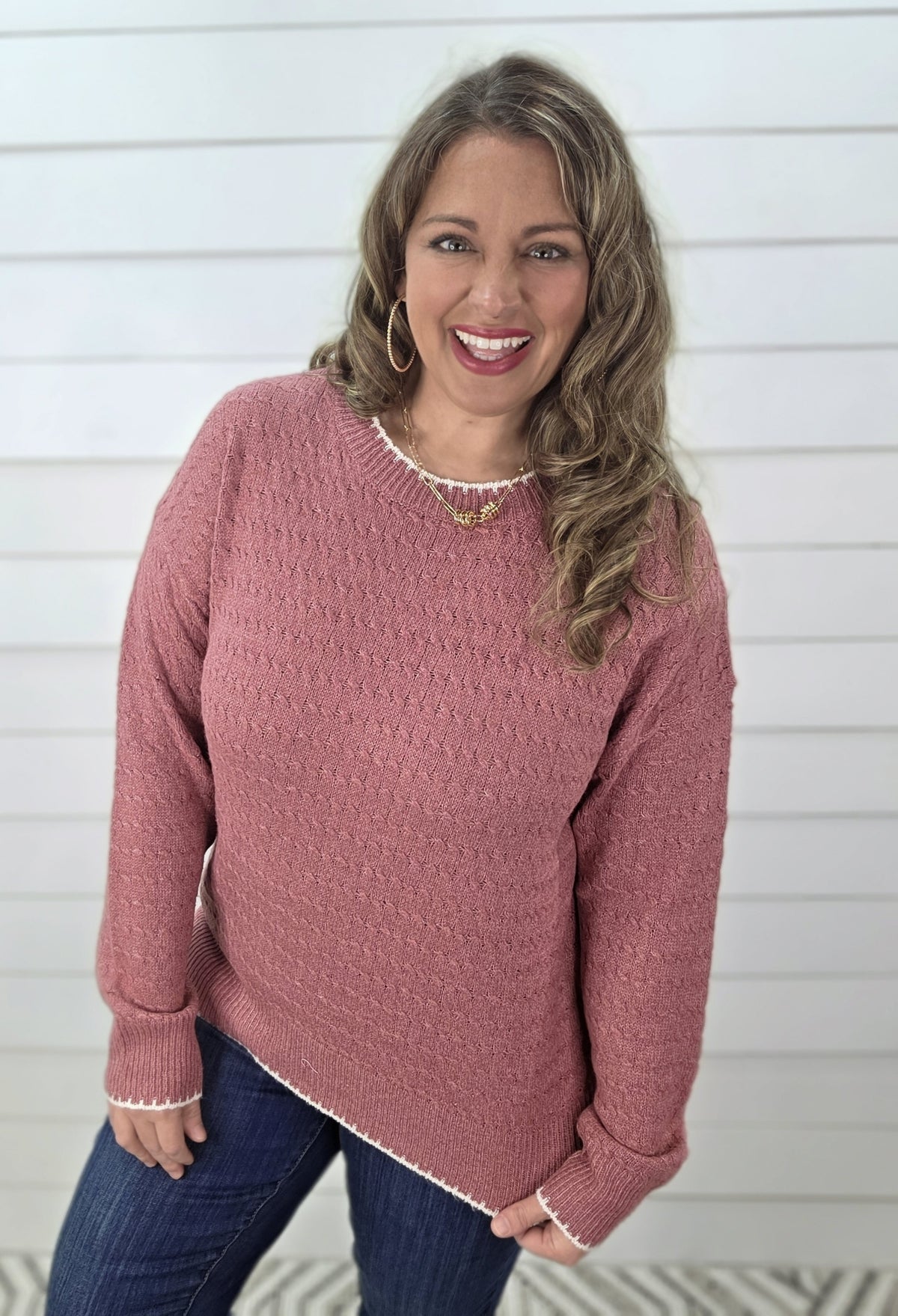 ROSE CABLE KNIT TEXTURED/ COLOR EDGE LIGHT WEIGHT SWEATER