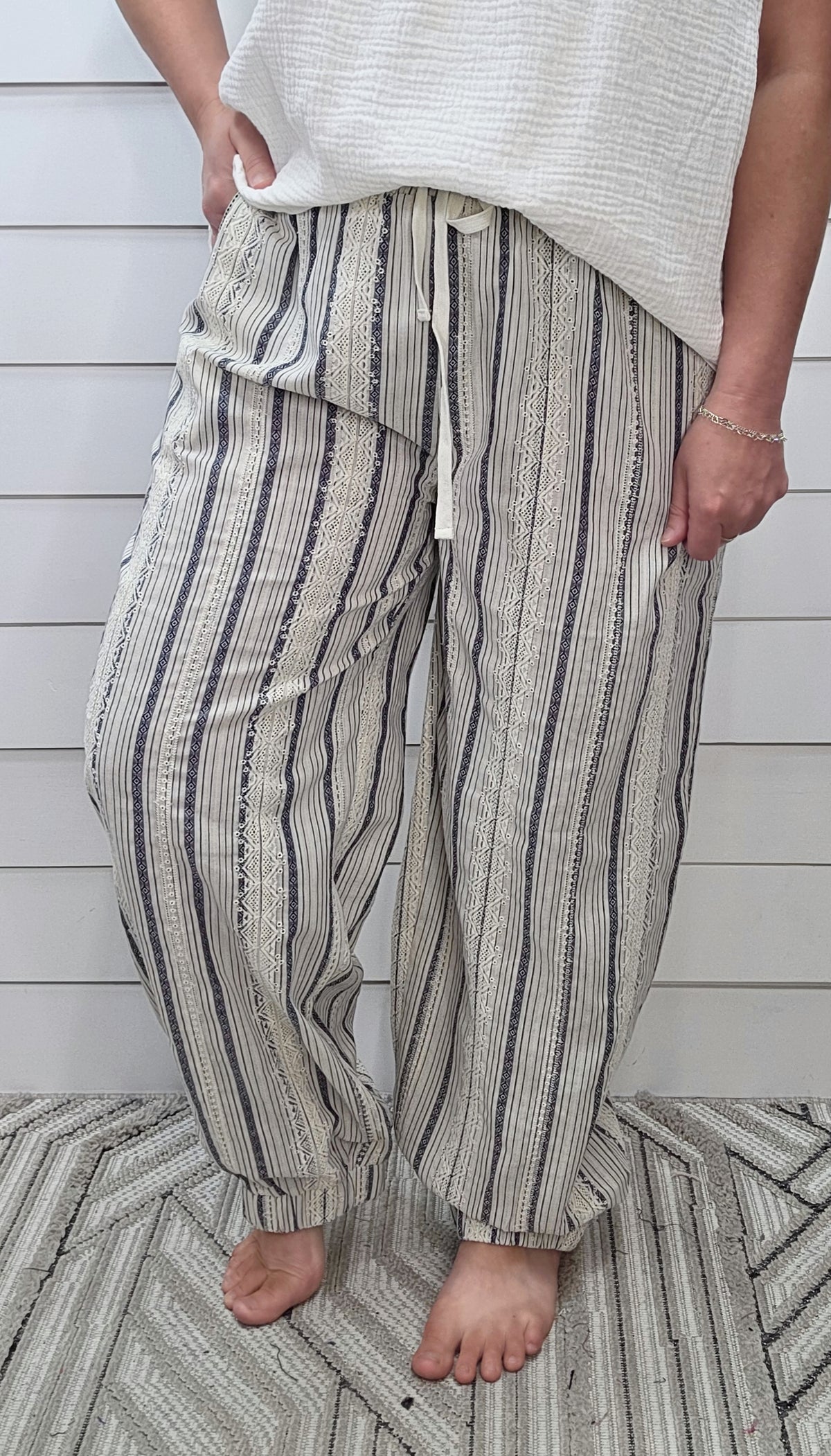 OATMEAL/NAVY STRIPED LOOSE FIT JOGGERS W/ LACE TRIM