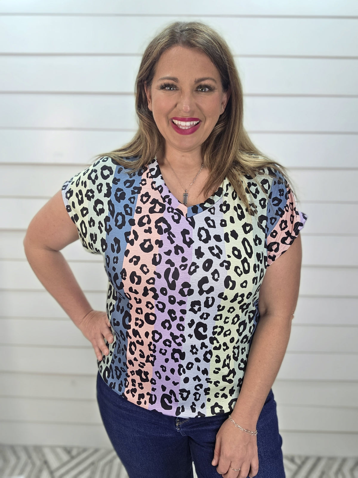 MULTI COLOR VERTICAL STRIPED ANIMAL PRINT V NECK TOP