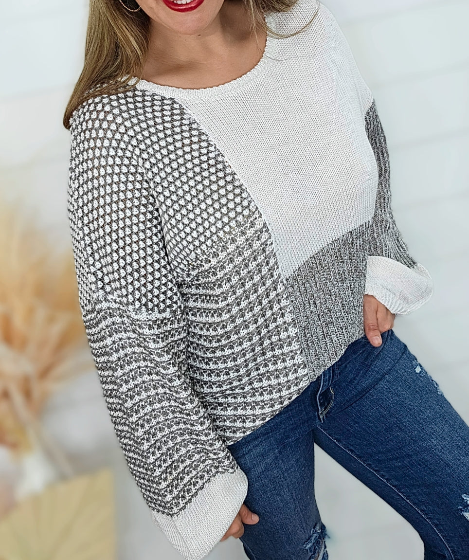 GREY MULTI BLOCK TIE BACK SWEATER