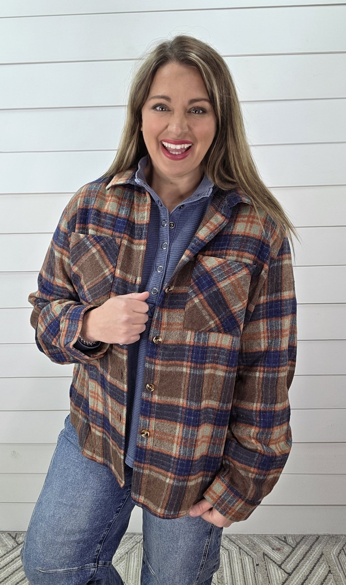 BROWN/NAVY PLAID BUTTON UP