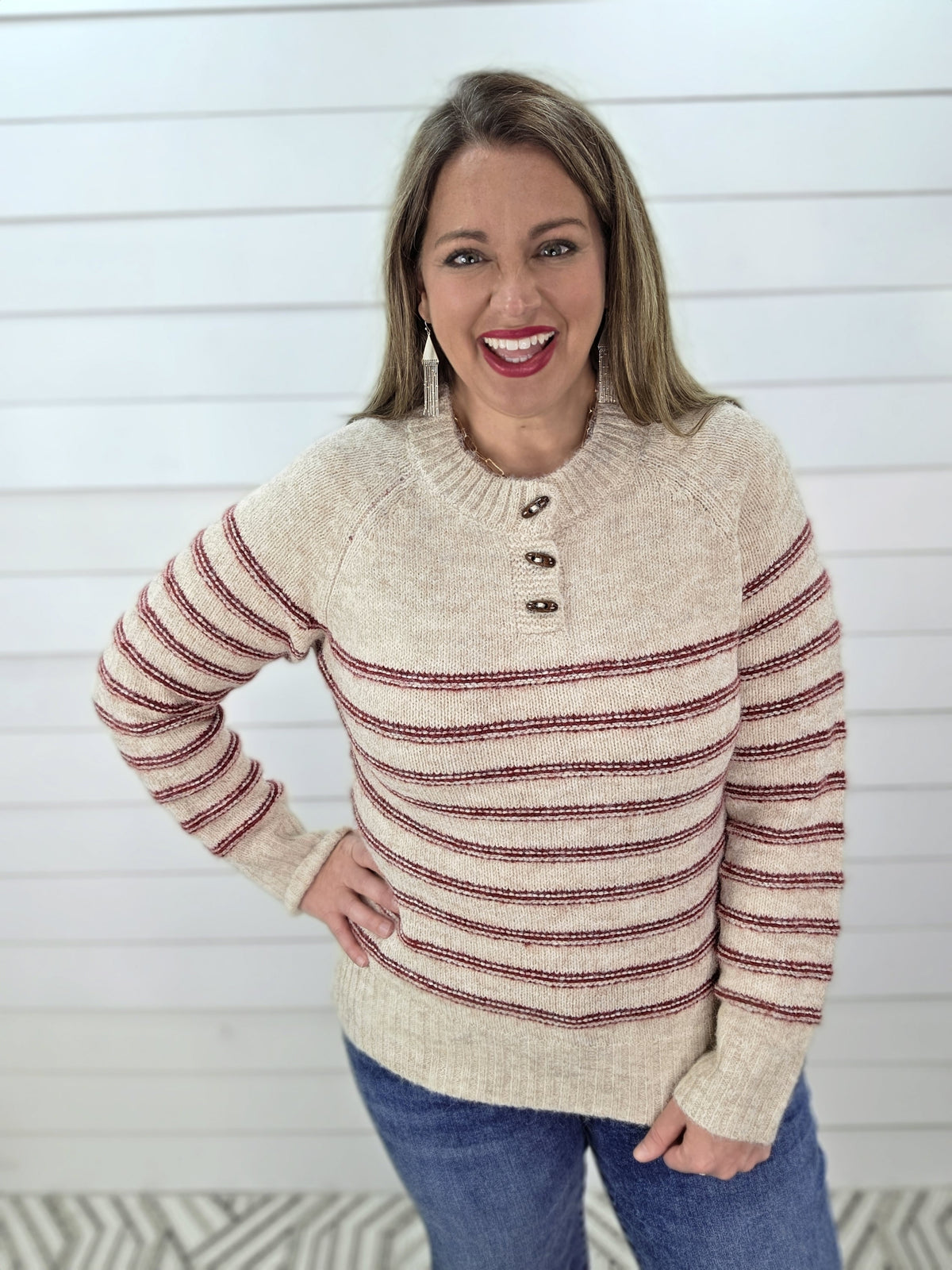 OATMEAL/RED STRIPED SWEATER WITH WOOD BUTTONS