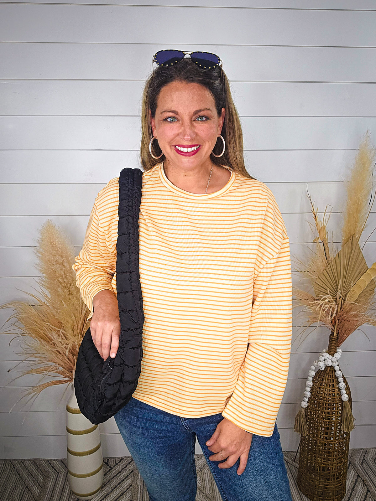 CREAM/ORANGE STRIPED KNIT LONG SLEEVE BOX TOP