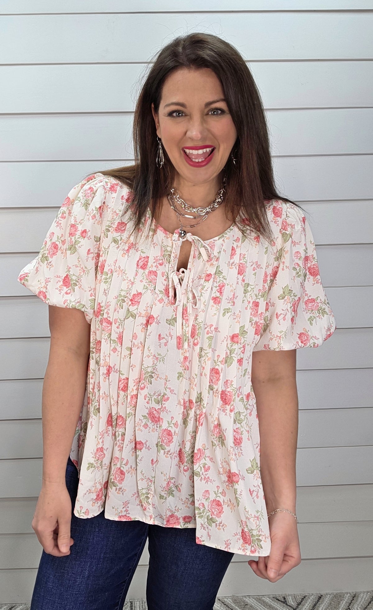 BLUSH/PINK FLORAL PLEATED TIE TOP