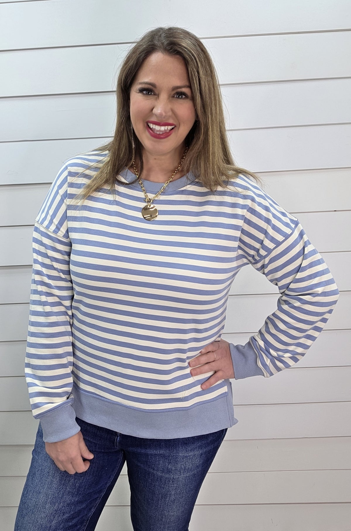 SKY BLUE STRIPED FRENCH TERRY TOP W/ SPLIT SIDES