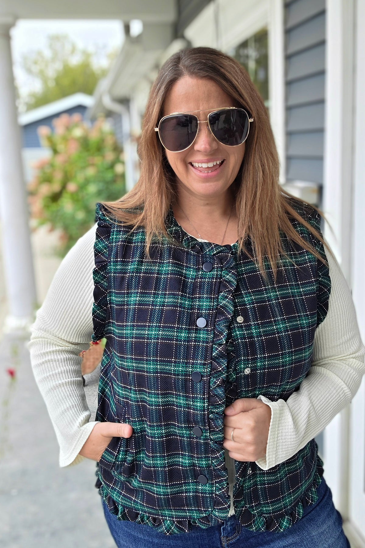 Navy/Green Plaid Quilted Vest With Frill Detail