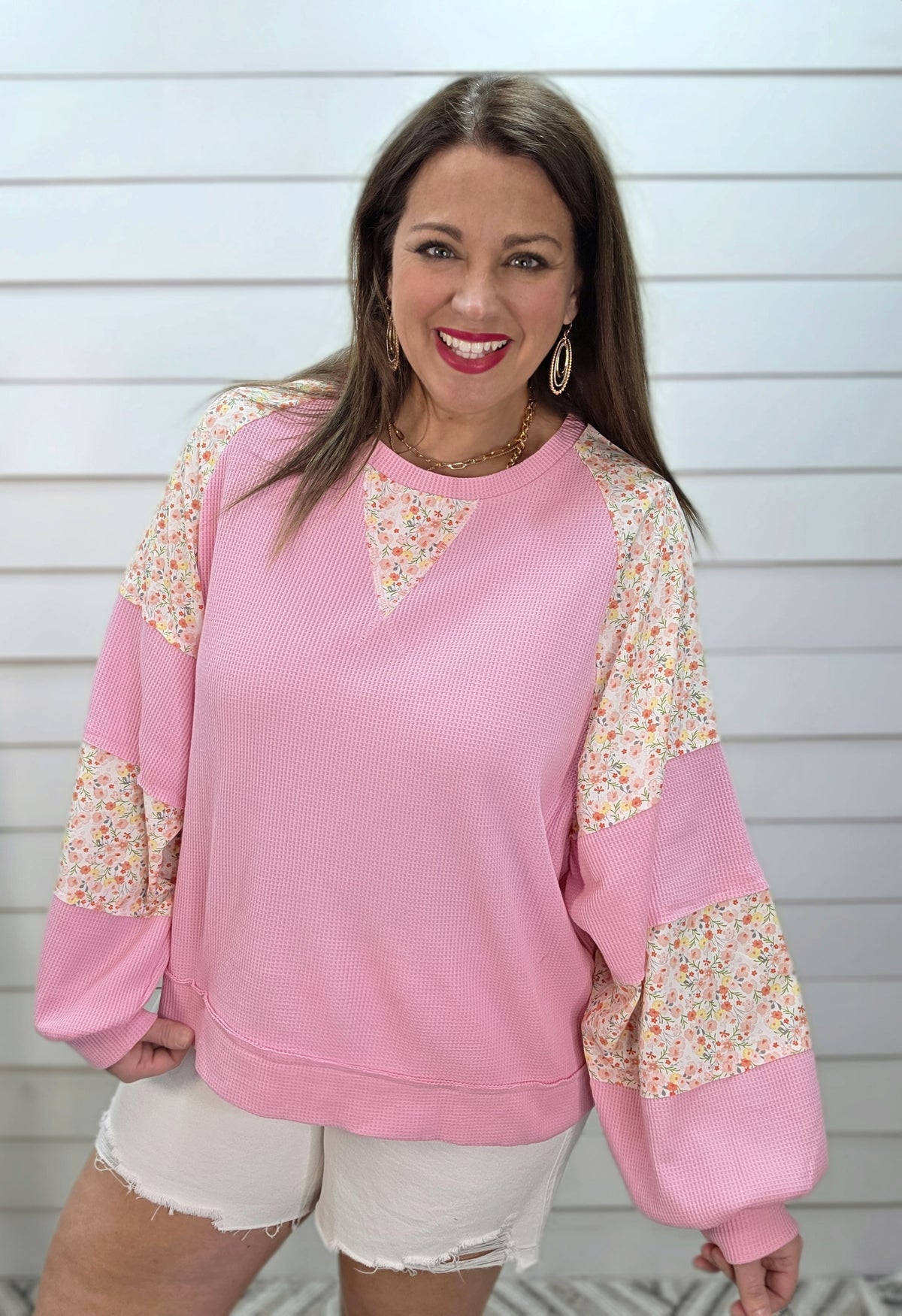 PINK WAFFLE TEXTURE FLORAL CONTRAST KNIT TOP