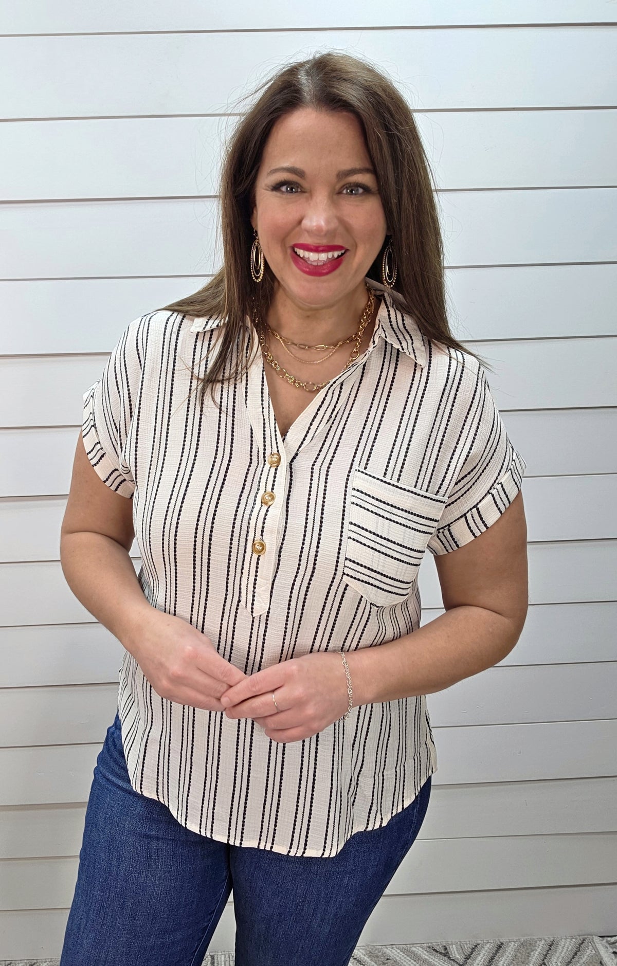 CREAM/BLACK STRIPED BUTTON NECKLINE STRIPED WOVEN TOP