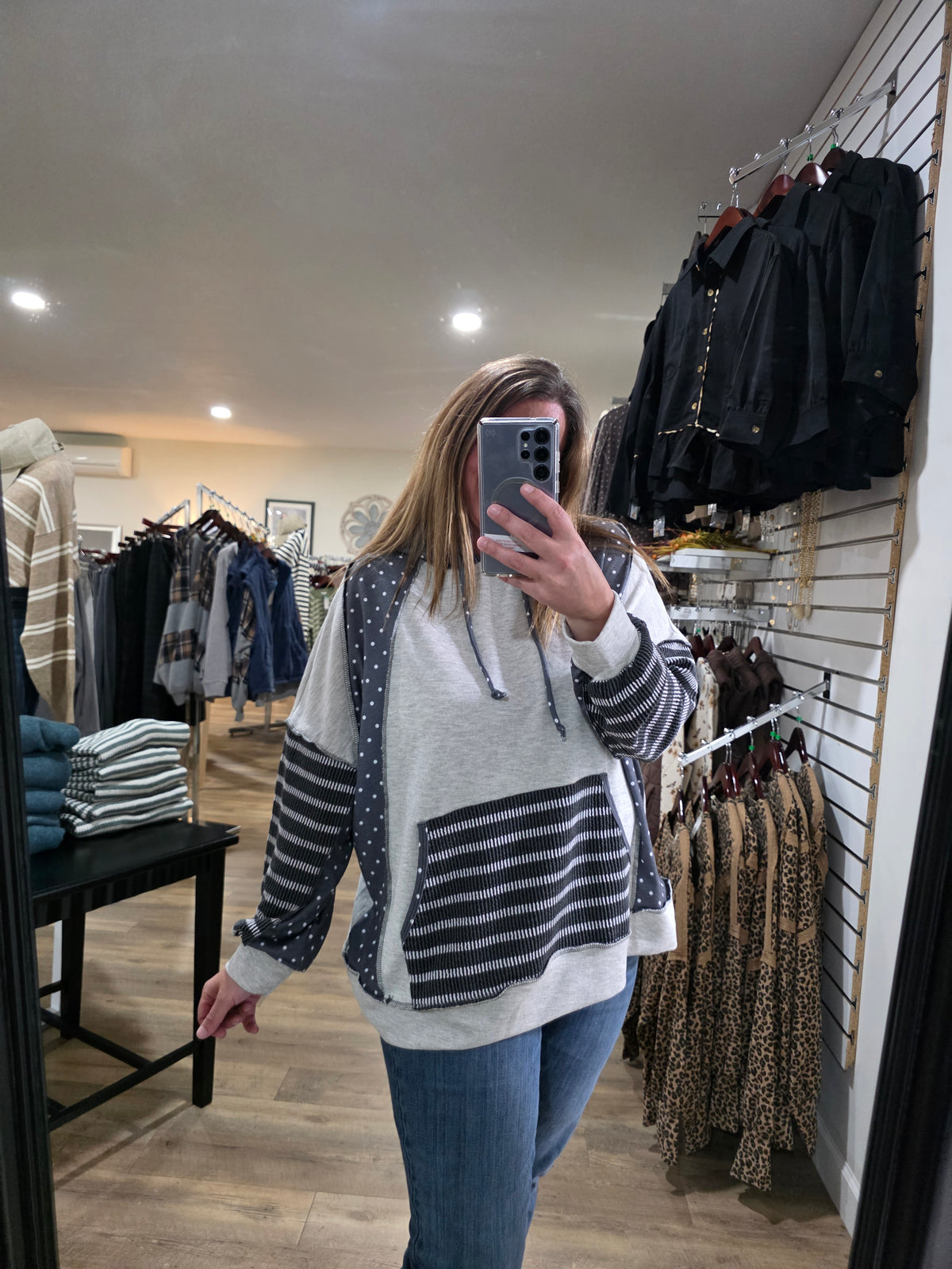 HEATHERED GREY/CHARCOAL Combines Solid French Terry Body With Polka Dot Print Long Sleeves And Striped
