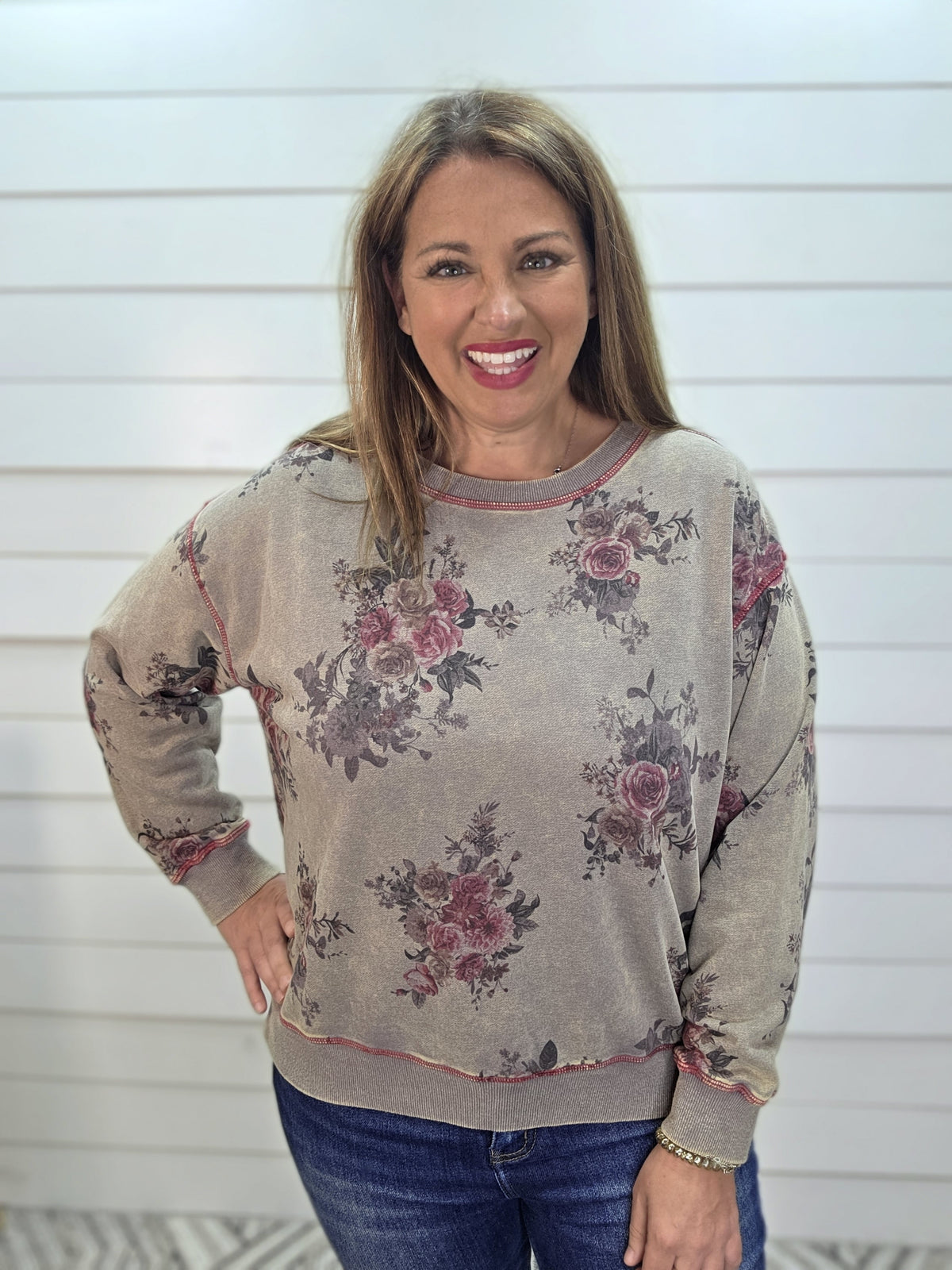 ASH FLORAL CREW NECK LONG SLEEVE TOP W/ PURPLE STITCHING