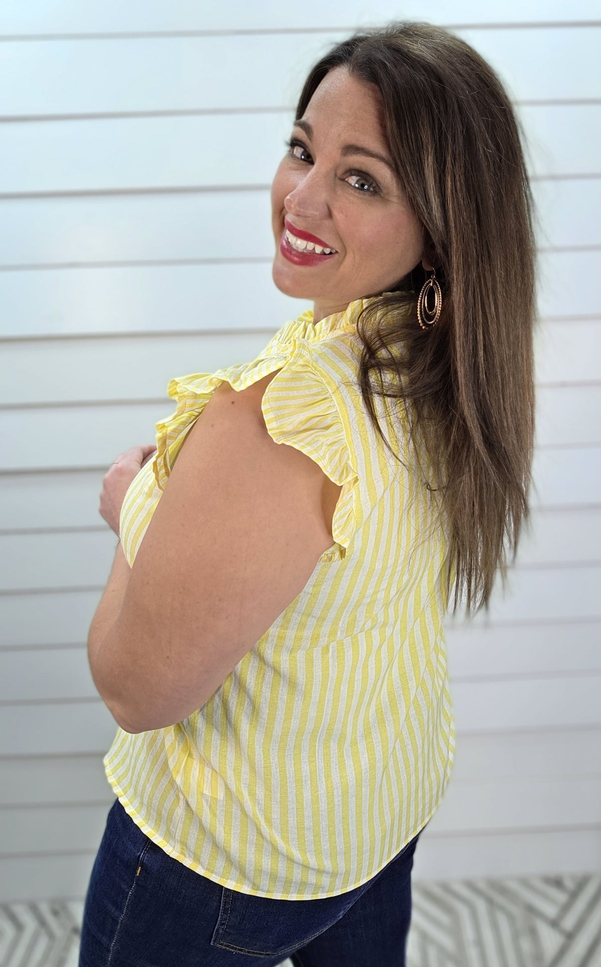 YELLOW VERTICAL STRIPED V NECK HENLEY RUFFLE TRIM TOP