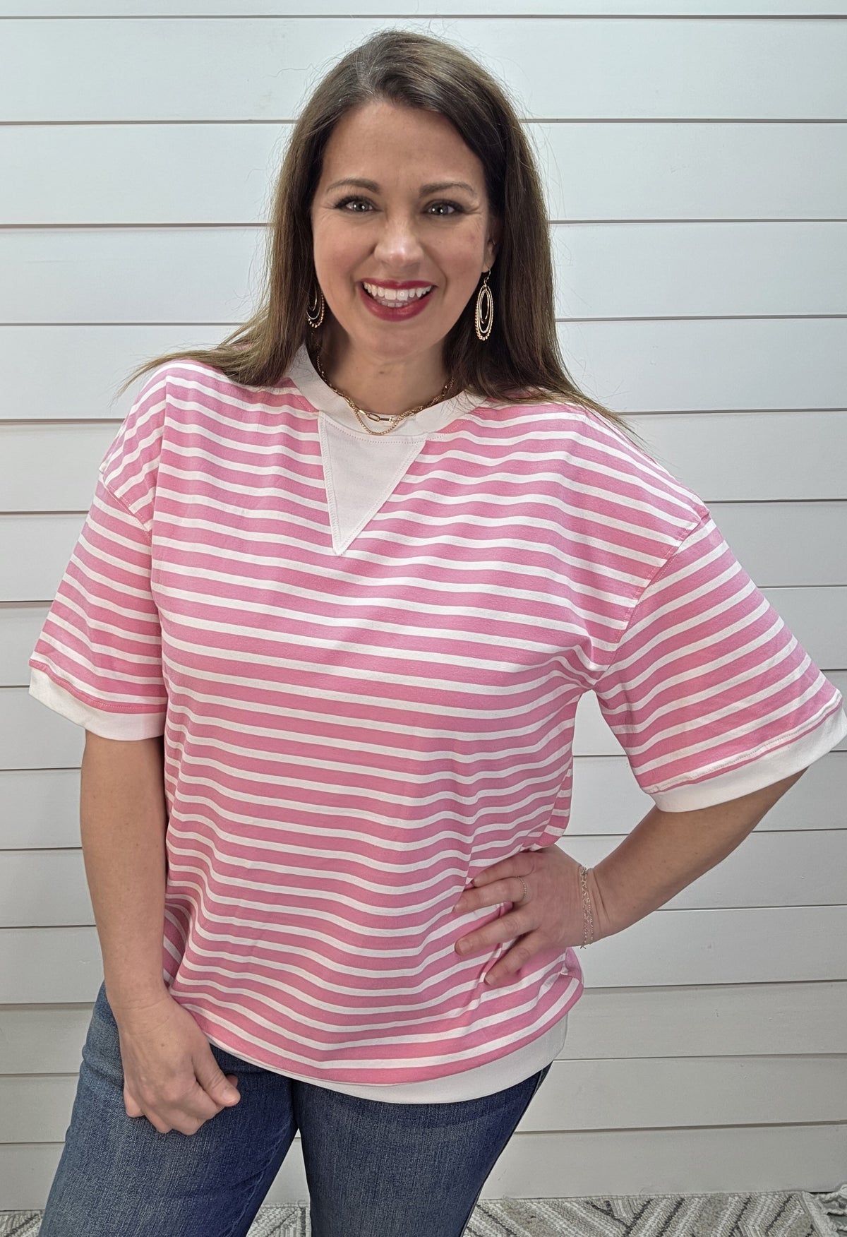 PINK STRIPED ROUND NECK KNIT TOP